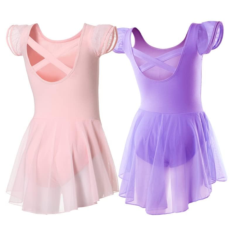 Image of DIPUG Ballet Leotards for Girls Ballet Leotard with Skirt Toddler Dance Leotards Flutter Sleeve and Criss-Cross Back