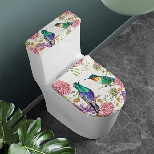 CREAMIC Hummingbird Toilet Lid Covers and Tank Cover Set 2Pcs Toilet Seat Cover and Tank Lid Covers Toilet Lid Cover Set for Bathroom Decor Machine Washable