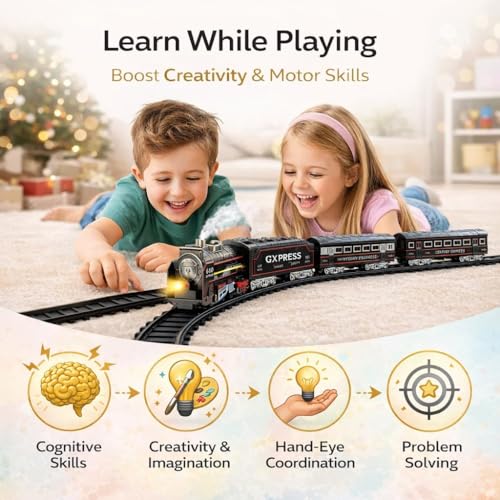 Image of Classic Toy Train Set for Kids 3-8, Electric Steam Train with Real Smoke, Lights and Sounds, DIY Railway Tracks, Battery Operated Passenger Train Play Set, Vintage Black