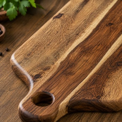 Image of Handcrafted Wooden Chopping Board for Kitchen | Cutting Board & Serving Platter | Food Safe Wooden Board for Vegetables, Fruits, Cheese & Bread | Multiple Designs (Paddle Handle, Sheesham Wood)