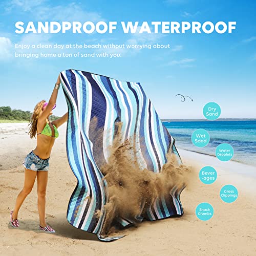 ZAZE Picnic Blankets Beach Blanket, 80''x80'' Extra Large Thick 3-Layers, Sandproof Machine Washable Waterproof Foldable Oversized XL Outdoor Mat, for Camping, Park, Travel, Grass(Blue White Stripe) - Image 6