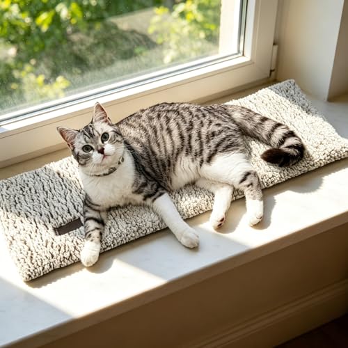 Mora Pets Katzen Fensterliege Katzenbett Fensterbank rutschfest Selbstheizende Katzendecke für Fenster Wärmedecke Ohne Strom Katzenliege Fenster Flauschig & Weich Waschbarer Bezug 90 x 28 cm