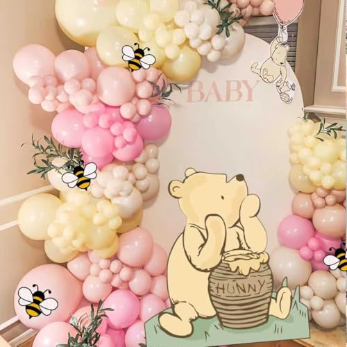 131PCS Pink Winnie Baby Shower Birthday Decorations for Girl Large Winnie Cutouts Stand Up Pooh Balloons Arch & Bee Stickers for Gender Reveal First Birthday Photo Props & Newborn Party