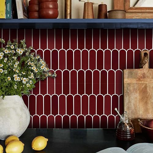 Image of Scala Bleucoin Peel and Stick Tile Stickers Vinyl Self-Adhesive Backsplash for Kitchen & Bathroom Easy DIY Home Decor Water-Resistant & Tile Decals Pack of 24 Pcs (Red, 12 inch x 12 inch Inches)