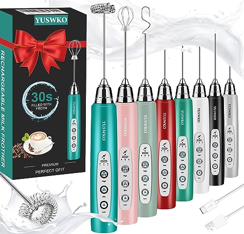 Image of YUSWKO Handheld Milk Frother Wand for Coffee, Rechargeable Electric Whisk with 3 Heads 3 Speeds Drink Mixer Coffee Frother For Latte, Cappuccino, Hot Chocolate, Egg, Turquoise