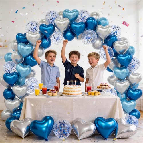 Image of Blue and Silver Heart Balloons Party Decoration, Heart Shaped Foil and Latex Balloon Ocean Decorations Set for Boys Men Happy Birthday Party, Graduation, Baby Shower, Valentines, Wedding, Anniversary