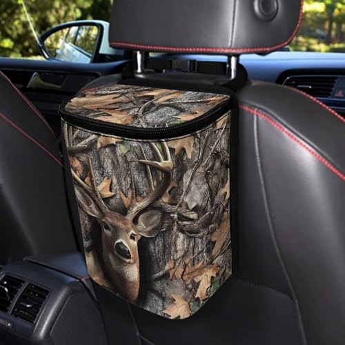 Image of Talayituse Deer Hunting Camo Print Car Trash Can with Lid, Leak Proof Auto Trash Bag Hanging Vehicle Garbage Can Multipurpose Storage Container for Back Seat Road Trip