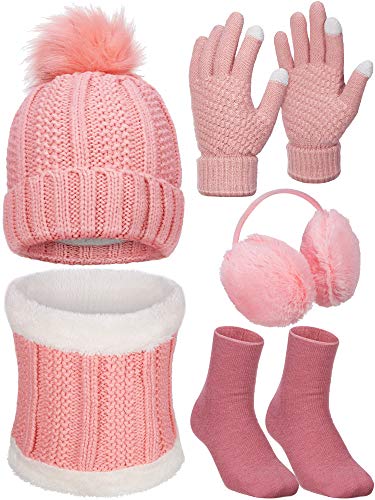 HICARER 5 Stücke Set, Hut Schal Handschuhe Ohrenschützer Socken (Rosa)