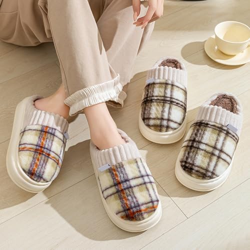 ZSpzx Women's Fuzzy House Slippers Checkered Faux Fur Lining Casual Soft Sole Outdoor Indoor Slippers Fall Winter Warm Fluffy Plush Thermal Anti Slip Comfortable Bedroom Shoes4