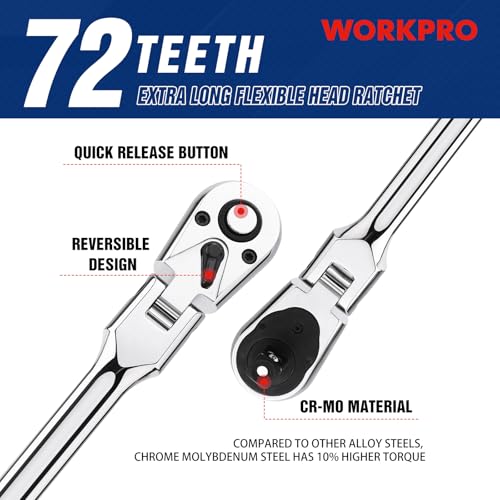 Image of WORKPRO 3 /8 inch Drive Extra Long Flex Head Ratchet, 18 Inch Reach Quick Release CR-V Steel Ratchet Handle, CR-MO Head, Reversible Design, 72-Tooth
