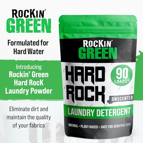 Rockin' Green Hard Rock Laundry Detergent for Hard Water (90 Loads), Natural Laundry Detergent Powder, Biodegradable Odor Fighter, Safe for Sensitive Skin, 45 oz (Unscented)