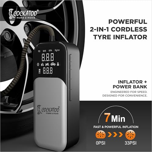 Image of Cockatoo 9166 Tyre inflator High-Power Portable Air Compressor Pump, 80W, 21mm Cylinder, 3x2000mAh Battery, Fast Inflation in 7-8 Minutes, LED Display, Preset Tire Pressure, SOS, USB Charging