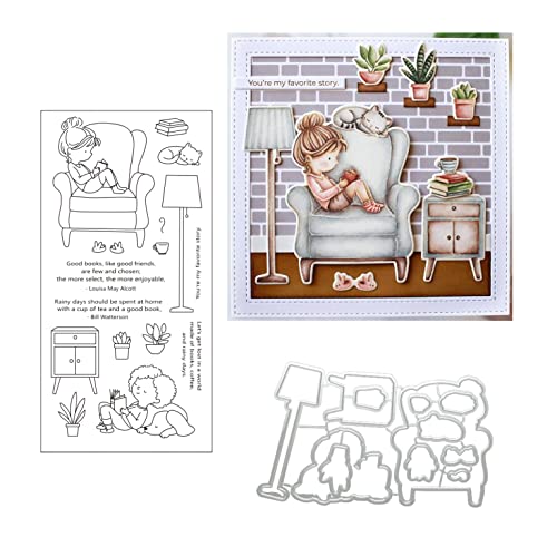 Qoiseys Girl Sofa Silicone Clear Stamp and Die Sets for Card Making, Cutting Dies Cut Stencils for DIY Scrapbooking Photo Album Decorative Paper Crafting Embossing Template