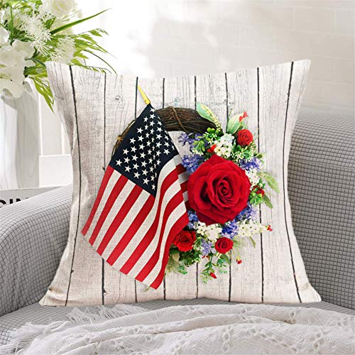 Qinqingo 4Th Of July Pillow Covers Set Of 4 Vintage Wood Grain Memorial Day American Flag Flower Wreath Patriotic Throw Pillow Covers Cushion Case Independence Day Home Decor (Wreath, 22" X 22") #TOP2