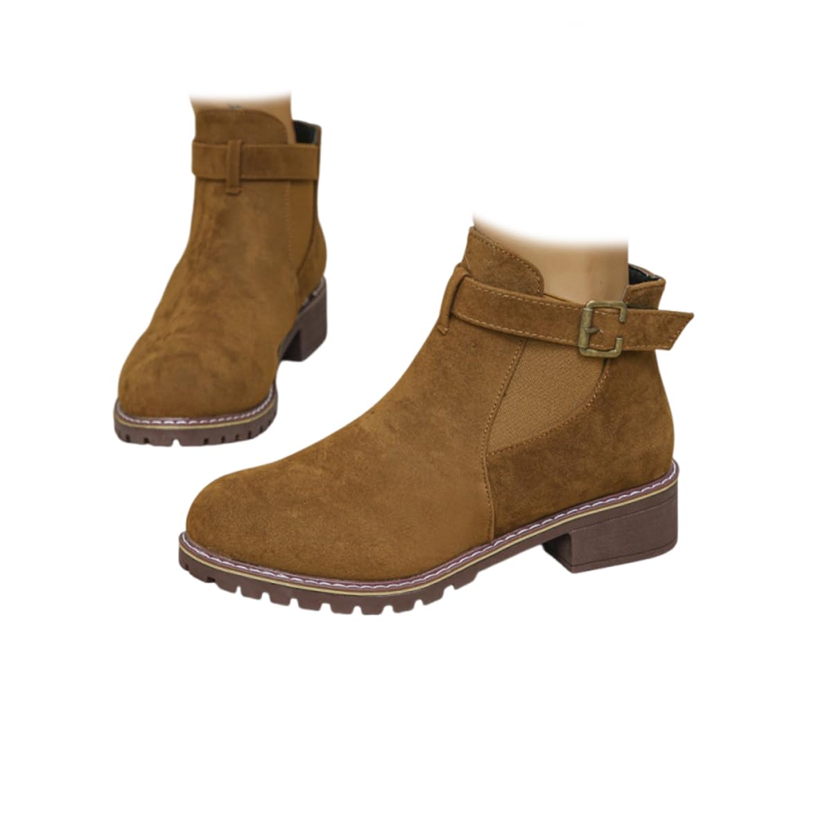 Womens Solid Stretch Low-Heeled Ankle Boots With Round Toe Buckled Straps And Platform Sole 1 5-Inch Heel