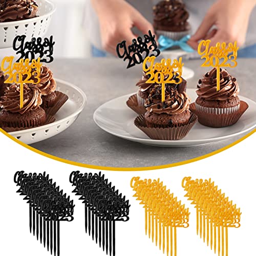 100 Pieces Class Of 2023 Cake Toppers Graduation Cap Toppers Plastic Picks Graduation Cupcake Decorations Party Supplies Graduation Party Favors (Gold, Black) #TOP4