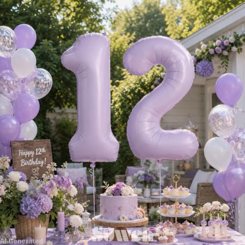 Image of SUWEN 40 Inch Light Purple Large 12 Balloon Number Big Foil Helium Lavender Number Balloons Huge Mylar 0-9 Giant Jumbo Happy 12th Birthday Party Anniversary Decorations