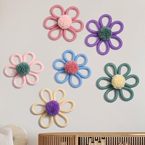 Image of Ripeng 6 Pcs 6 inch Boho Nursery Decor for Girl Woven Daisy Flower Decor Macrame Wall Hanging Bohemian Wall Dais for Baby Girls Kids Home Bedroom(Macaron Color)
