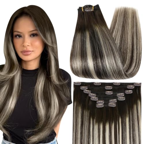 Full Shine Clip in Hair Extensions Real Human Hair Ombre Brown
