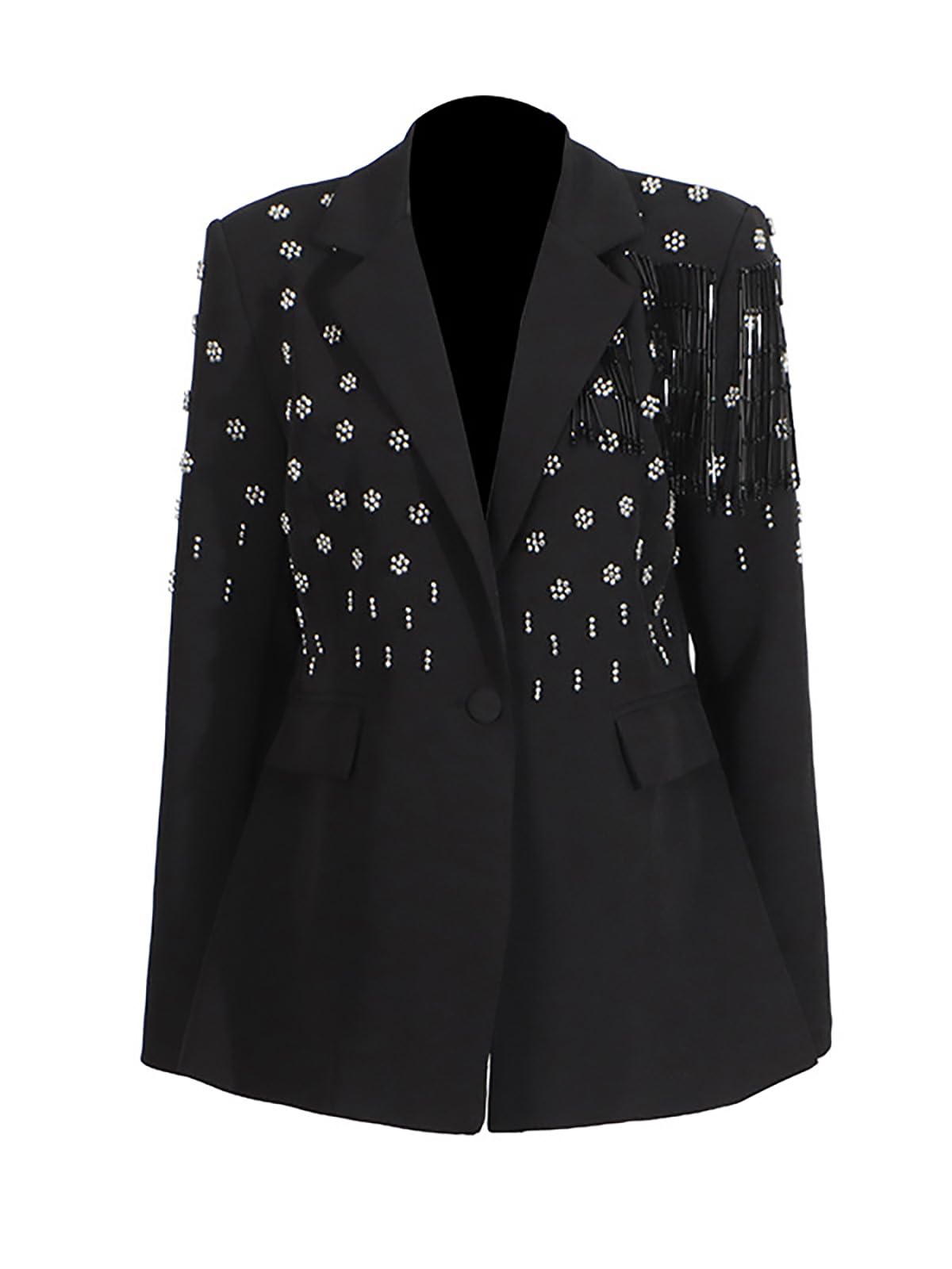 Fashion Tassel Womens Blazer with Rhinestone Spliced Jackets Floral Embellishments and Fringe Detailing One Button