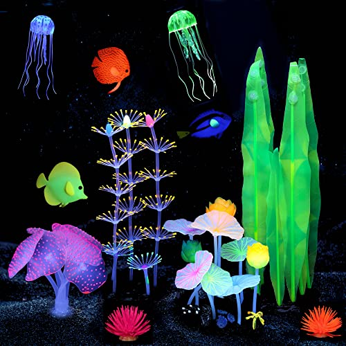 Image of Lpraer 11 Pcs Glow Aquarium Decorations Coral Lotus Leaf Anemone Seaweed Floating Fish Jellyfish Glowing Effect Silicone for Fish Tank Decorations