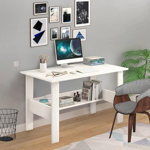 Image of Furniture Cafe Modern White Computer Desk with Storage Shelf - Study Writing Table for Home Office and Bedroom