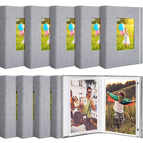 10 Stück kleines Fotoalbum 10 x 15 cm Bilderalbum 26 klare Seiten halten 52 Bilder Leineneinband Fotoalbum Buch mit Frontfenster, Grau Cover