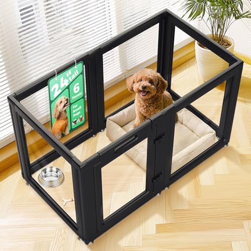 Image of FXW AuraSpace Acrylic Indoor Dog Playpen for Puppies and Small Dogs, 24 Inch, 6 Panels, Black