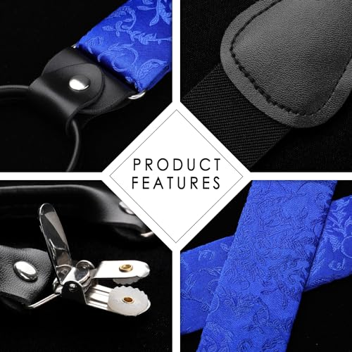 Image of HISDERN Suspenders for Men Paisley Floral Bow tie Suspender Pocket Square Sets Adjustable Y Shape 6 Clips Wedding Braces