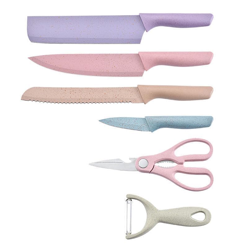 Image of Amishri Colorful Kitchen Knife Set with Scissors & Peeler -7-Piece Pastel Stainless Steel Knife Set with Non-Slip Handles for Cutting, Chopping & Slicing Vegetables & Fruits