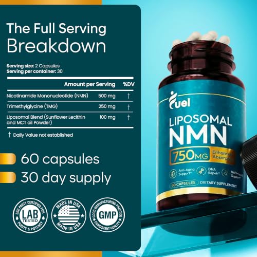 Image of Fuel Liposomal NMN 750mg per Serving (500mg NMN + 250mg TMG) - Enhanced Absorption Nicotinamide Mononucleotide Supplement - NAD+ Support, 60 Capsules, Non-GMO, Lab Tested