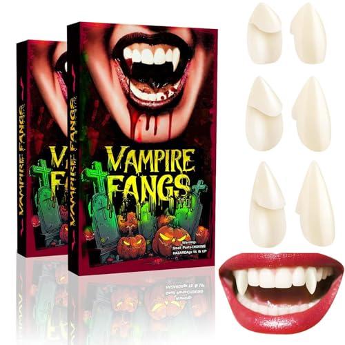 Vampire Teeth Fangs, Vampire Fangs Adults, Halloween Realistic Vampire Teeth Accessories and Fake Fangs, 3 Size 15 17 19MM Halloween Fangs for Women Men (3 Pairs)