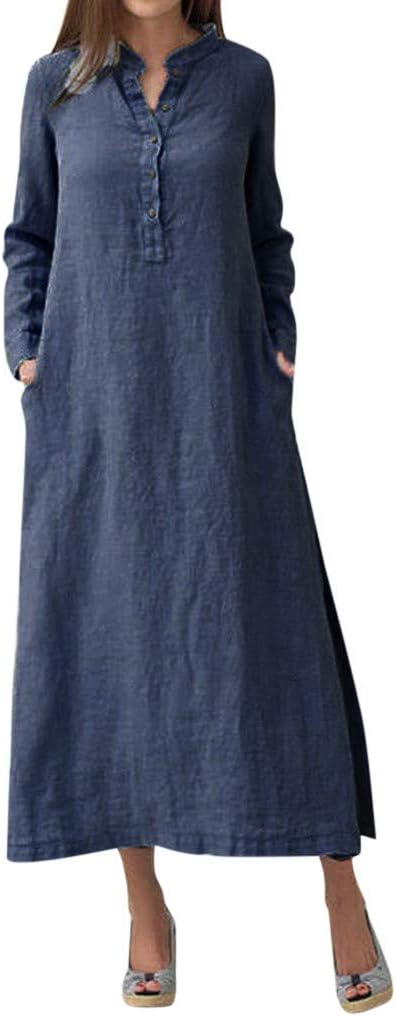 ZEFOTIM Linen Dress for Women 2023 Long Sleeve Casual Button Down Loose Fitted Maxi Dress with Pockets