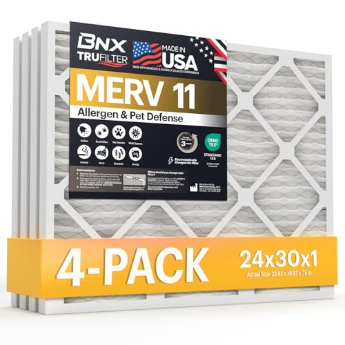 Image of BNX TruFilter 24x30x1 Air Filter MERV 11 (4-Pack) - MADE IN USA - Allergen Defense Electrostatic Pleated Air Conditioner HVAC AC Furnace Filters for Allergies, Dust, Pet, Smoke, Allergy MPR 1200 FPR 7