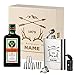 polar-effekt Kräuterschnapps Geschenkset - 3-Teilig - Deutsche Herstellung - Jägermeister Flasche - Flachmann aus Edelstahl - 4 Schnappsbecher - 1 Trichter - 1 Ledertasche - personalisiert