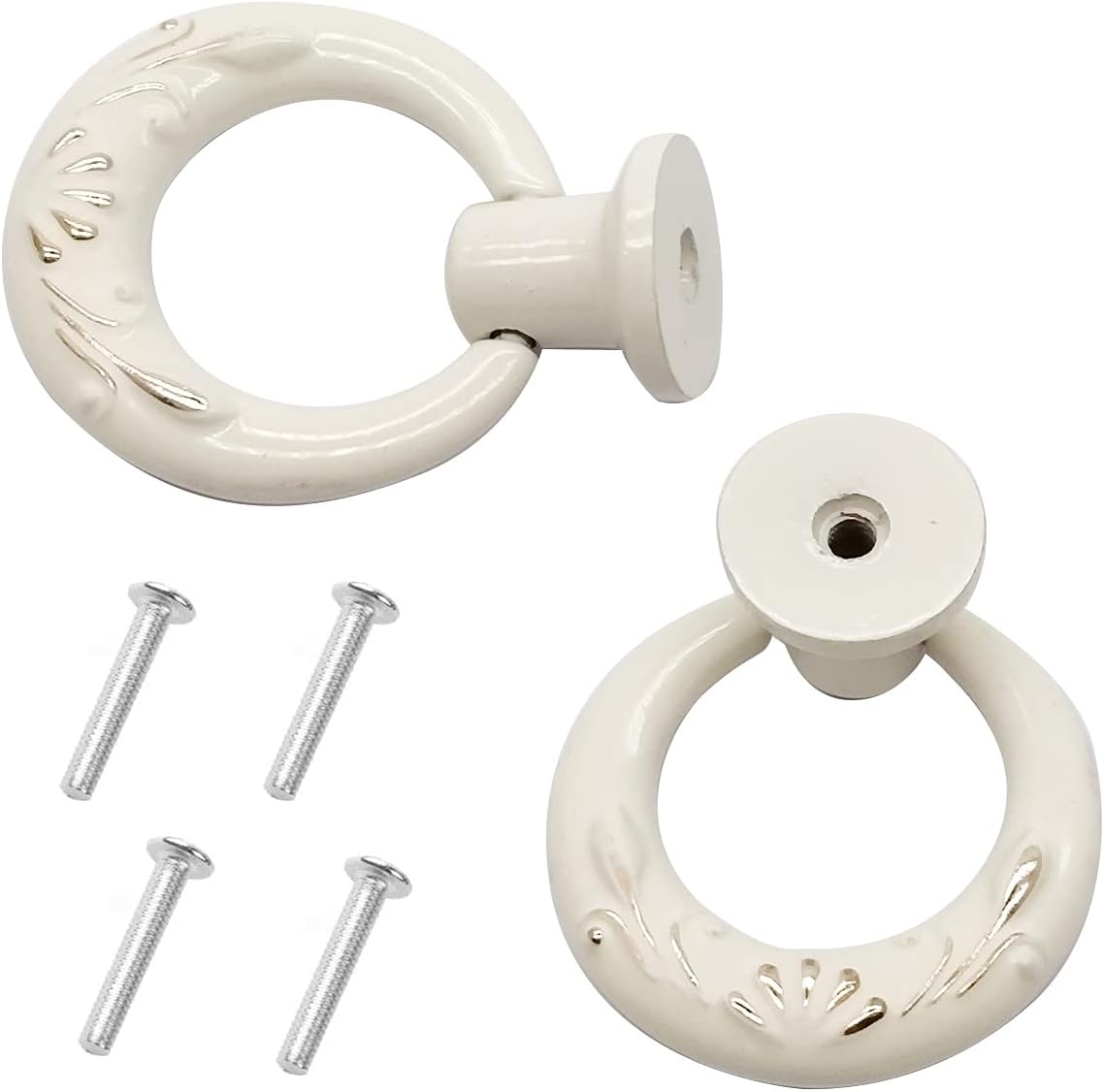 4-Pack Antique Ring Knob Pulls with Matching Screws ， Cabinet Ring Pulls Handle Drop Ring Drawer Pulls Knobs, for Drawer Cabinet Dresser Cupboard Jewelry Box (#White)