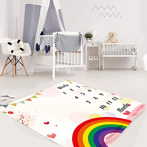 Image of Baby Monthly Milestone Blanket Boy - 48 inchx40 inch Rainbow Theme Baby Month Blanket for Boys - First Year Calendar Growth Chart Photo Props for Newborn Photography BTGJME90