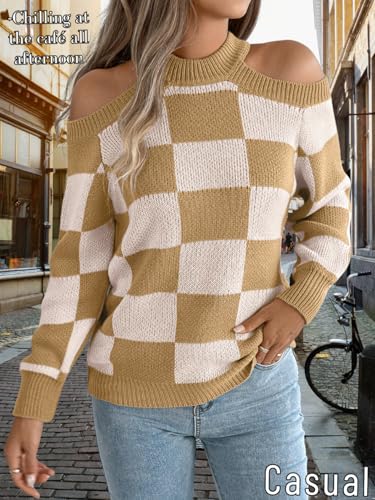 2000s Women Cold Shoulder Sweaters, Color Block Checkered Knit Sweater, Crewneck Long Sleeve Jumper Tops Fall Outfits4