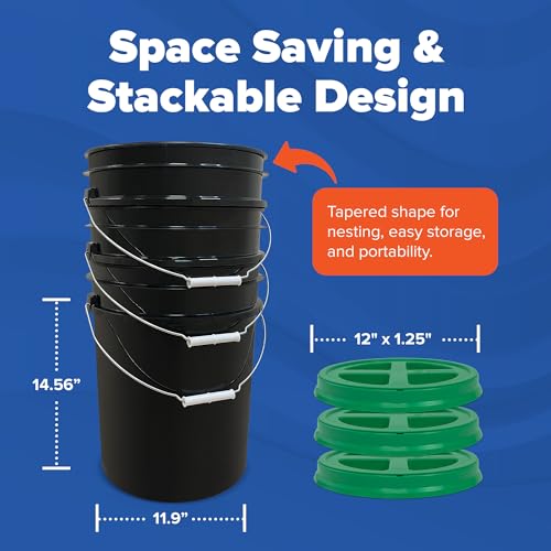 Image of ePackageSupply 5 Gallon Bucket - Food Grade w /Lid BPA-Free, Black /Green, 6 | Airtight Gamma Seal Screw-On Lid, Heavy-Duty 90 Mil HDPE Plastic, Food Safe and Durable Container, Bulk Storage, Made in USA