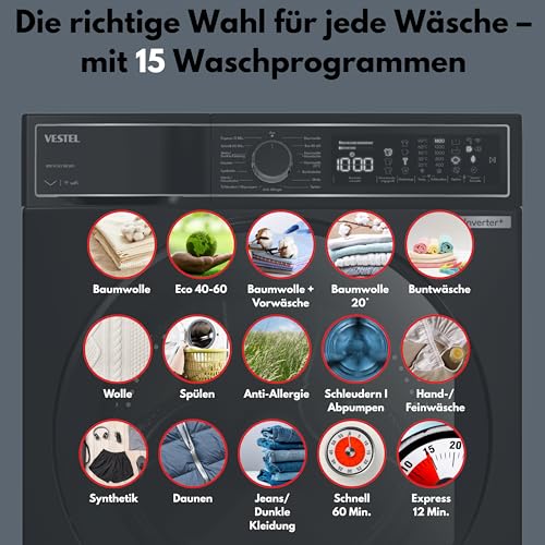VESTEL WMI 99342 MB WIFI Waschmaschine Frontlader, 9 kg, 1400 U/min, Inverter-Motor, Dampf, WiFi, AquaStop+Switch, Mattschwarz – Bild 4