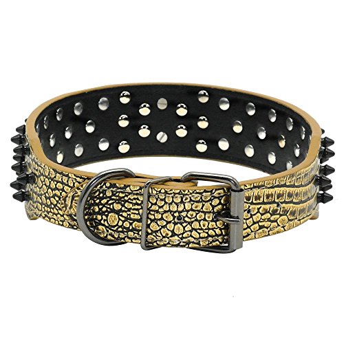 Beirui Spiked Leather Dog Collar - 3 Rows Bullet Rivets Studded PU Leather - Cool Skull Pet Accessories Best Choice for Medium and Large Dogs,Bronze 21-24"