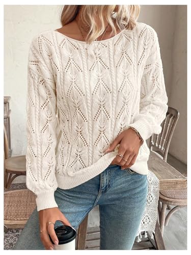 Image of SOLY HUX Women's Off The Shoulder Sweater Hollow Out Knit Boat Neck Long Sleeve Pullover Fall Tops Pure Beige Small