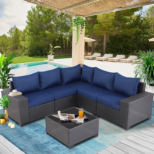 Outdoor Furniture Patio Furniture Sets Conversation Sets Sectional Sofa Couch Wicker Rattan Balcony Furniture for Lawn,Garden,Porch and Poolside (Expresso-Navy, w/Table)