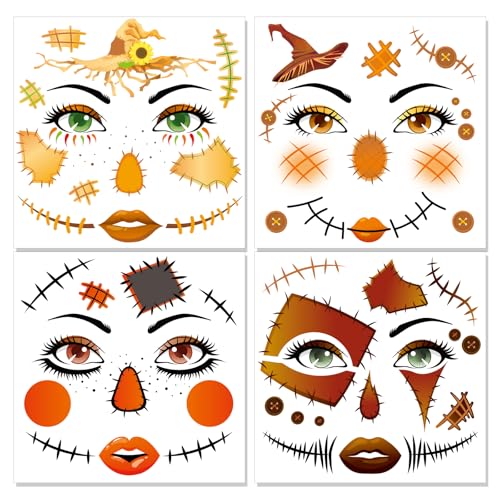 HOWAF 4 Tatuajes Halloween Cara, Tatuajes Temporales Espantapájaros, Pegatinas Cara Festival para Disfraz de Espantapájaros, Disfraz Halloween Carnaval