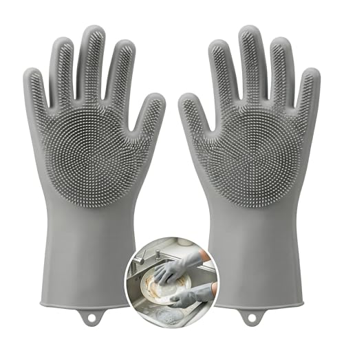 Image of Kitchen Dishwashing Gloves for Washing Dishes - Reusable Rubber /Silicone Cleaning Gloves for Kitchen, Bathroom & Car Cleaning - Waterproof Household Hand Gloves for Women, Home Essentials (Grey)
