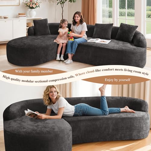 Image of 99 inch Curved Sectional Sofa with Chaise, Black, Left Chaise+Right Sofa | Modern Boneless Couch, Deep Seat, L Shaped 3-Seater Cloud Couch, No Assembly Needed, Chenille