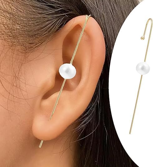 Ear Crawler Earrings for Women, Rhinestone Helix Hook Earrings Crawling Earring with Leaf Pearl Moon Butterfly Snowflake & Lightning Bolt, Trendy Crawler Ear Cuff Jewelry Gifts