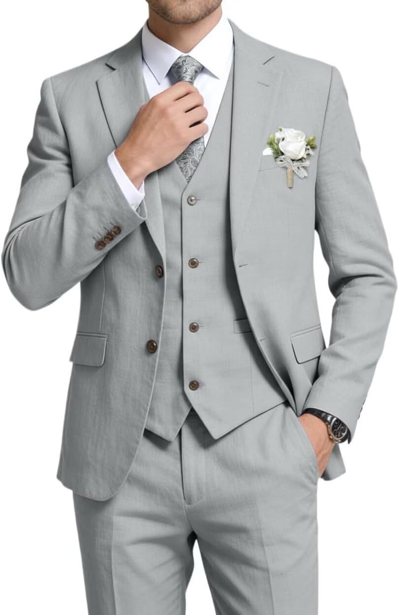 Men Suits Linen Beach Wedding Suits 3 Piece Groomsmen Attire Linen Blazer Vest Pant Prom Tuxedo