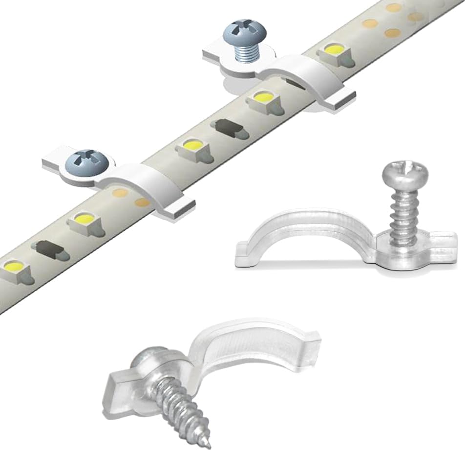 100 Pack Strip Light Mounting BracketsFixing ClipsOne-Side Fixing100 Screws Included (Ideal for 10mm Wide Waterproof Strip Lights)