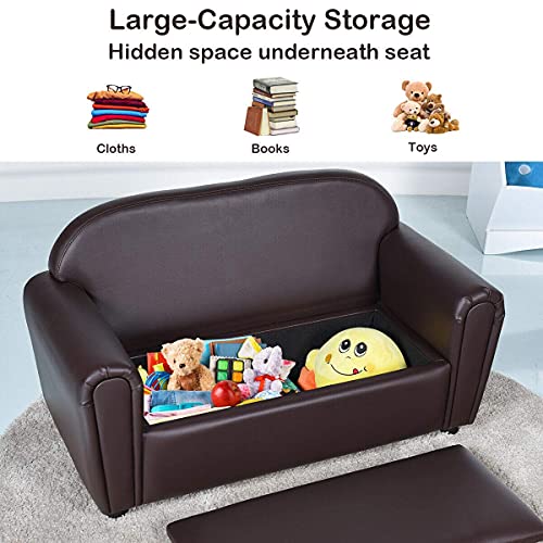 Costzon Kids Sofa, Double Seat Children's Sofa W/Under Seat Storage, Toddler Furniture Armrest Chair For Bedroom, Kids Room, Large Kids Couch W/Sturdy Wood Construction, Gift Toy For Baby Boys Girls #TOP3